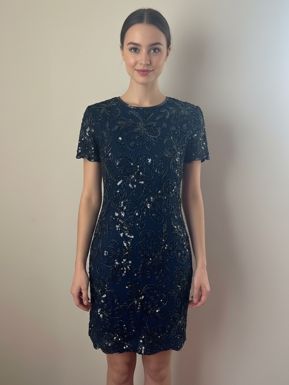 Adrianna Papell Midnight Blue Iridescent Beaded Mini Dress Size S